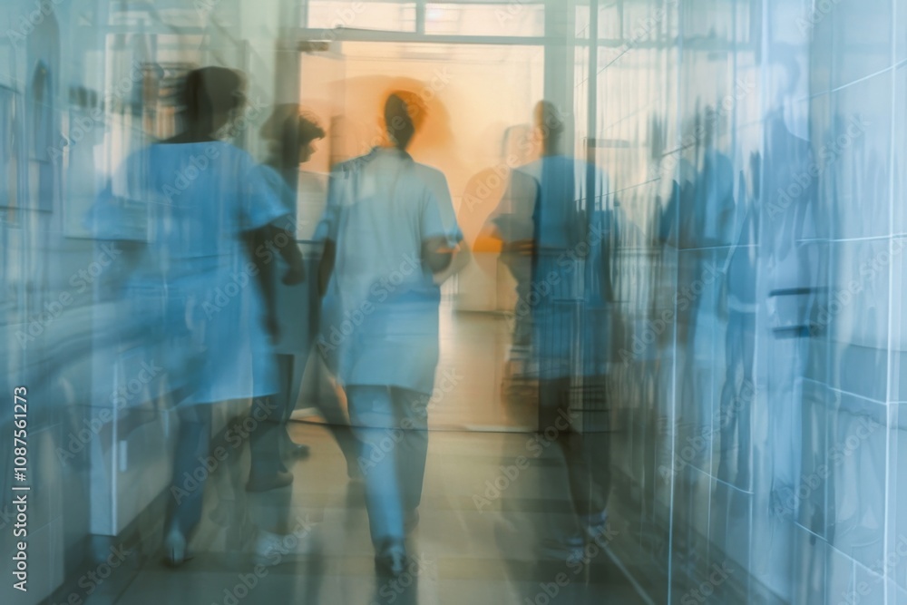 Blurred background of a doctor and nurses in hospital interior Blurred background of a doctor and nurses in hospital interior