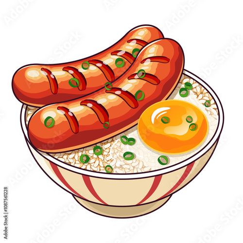 Grilled Sausage And Egg Donburi Illustration Vector. Japanese Food Grilled Smoked Sausage Rice Bowl. 
Asian Breakfast Foods Recipe. Japanese Rice Bowl With Sausages And Egg