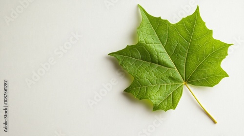 A single green maple leaf with veins visible lies on a white surface with copy space.