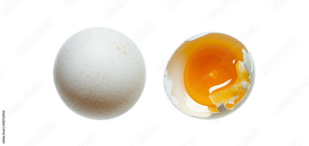 Fresh White Egg and Broken Eggshell with Vibrant Yellow Yolk Isolated on a Clean Background for Culinary and Food Photography Use Fresh White Egg and Broken Eggshell with Vibrant Yellow Yolk Isolated on a Clean Background for Culinary and Food Photography Use