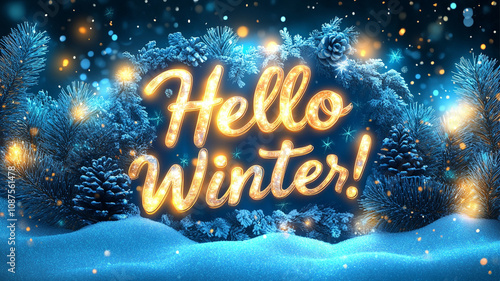 The text "Hello Winter!" Winter shimmer background.