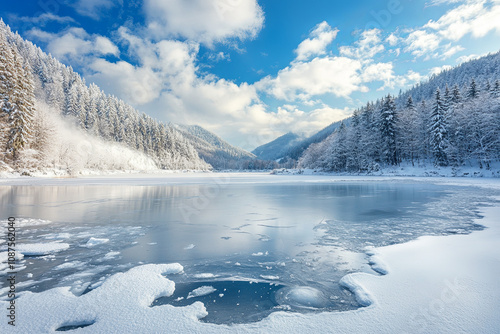 Mountain lake in early spring, thaw, drifting ice