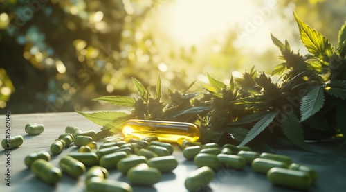 Close-up of a capsule with CBD extract on the background of cannabis, located on the surface. Behind them are fresh cannabis leaves and inflorescences. Soft sunlight, creating a natural atmosphere.