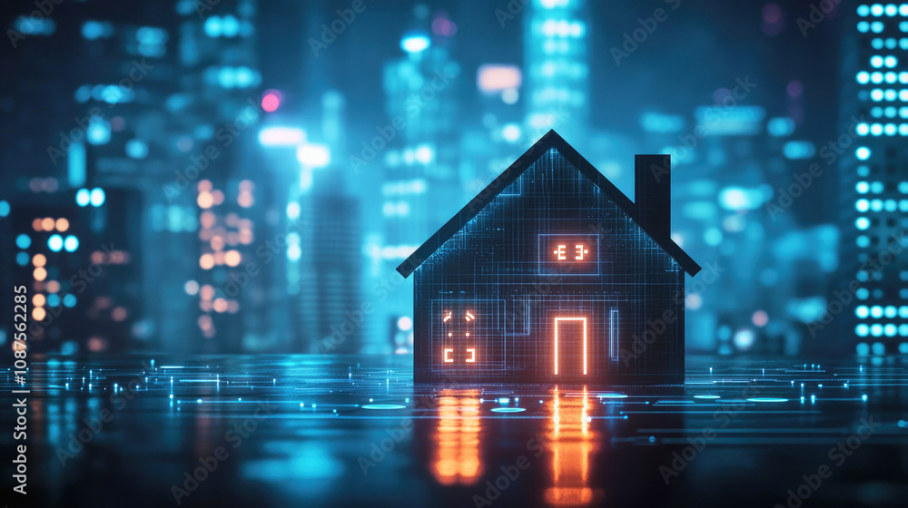 Futuristic smart home concept connected to IoT in a glowing metropolis at night Futuristic smart home concept connected to IoT in a glowing metropolis at night