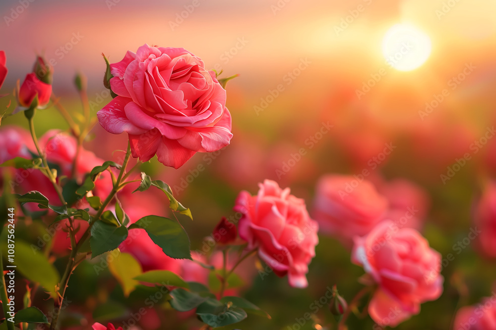 A beautiful rose garden with pink and red roses blooming under the sunset. A beautiful rose garden with pink and red roses blooming under the sunset.