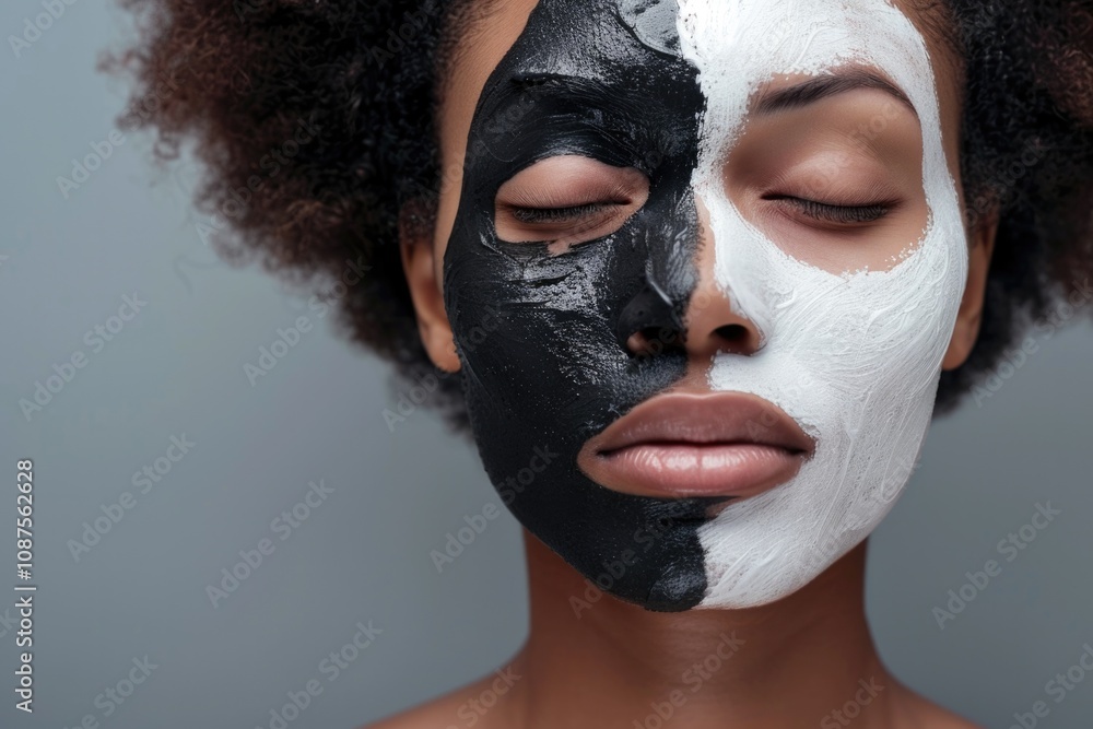 Fototapeta premium Black Woman with White Mask on Half of Her Face. Facial Clay Mask Therapy Concept