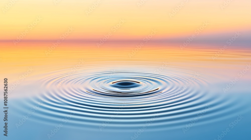 A single water drop creates ripples on a calm body of water, with a colorful sunset sky in the background. A single water drop creates ripples on a calm body of water, with a colorful sunset sky in the background.