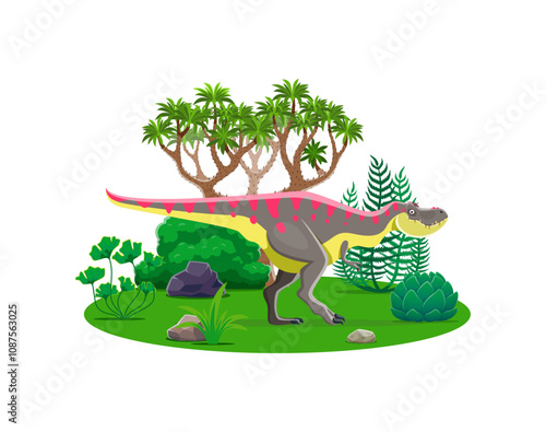 Cartoon dinosaur or prehistoric lizard Tarbosaurus in jungle forest, vector dino character. Prehistoric dinosaur lizard, Tarbosaurus of Jurassic or Cretaceous era for kids paleontology encyclopedia