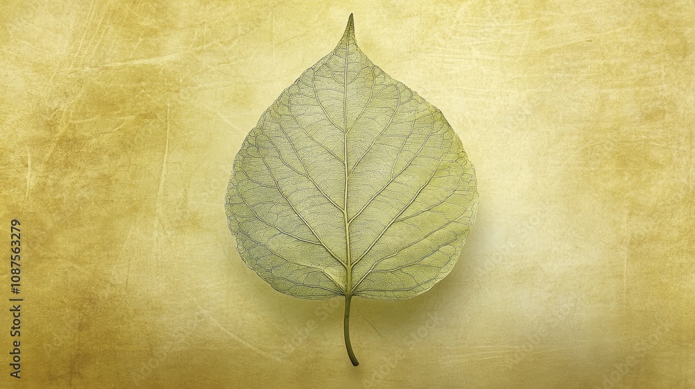 Fototapeta premium A single, delicate leaf with intricate veins lies on a textured, aged background.