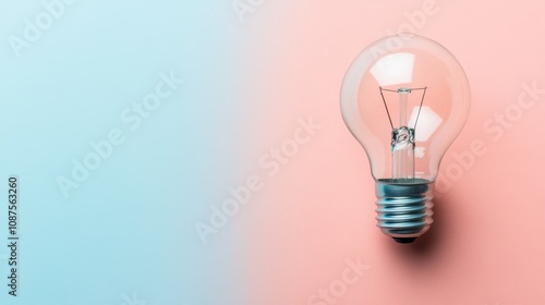 A single, clear light bulb sits on a pink background with a blue background to the left. The bulb is turned off.