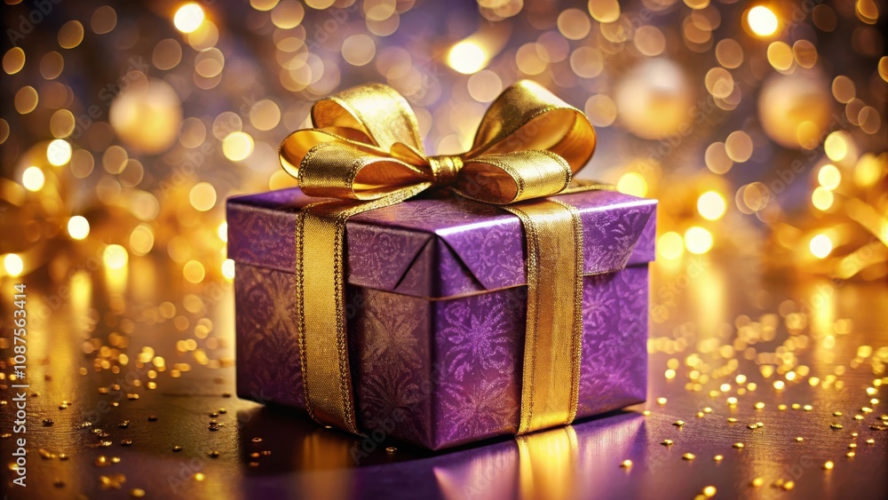 A purple gift box with a golden bow and ribbon, resting on a surface covered in golden confetti, with a blurred background of golden lights A purple gift box with a golden bow and ribbon, resting on a surface covered in golden confetti, with a blurred background of golden lights