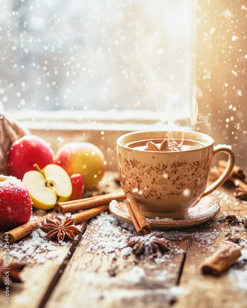 Steaming spiced apple cider on rustic wooden table with snow falling outside Steaming spiced apple cider on rustic wooden table with snow falling outside