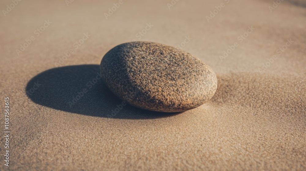 A single, smooth, grey stone rests on soft, white sand with its shadow stretching out behind it. A single, smooth, grey stone rests on soft, white sand with its shadow stretching out behind it.