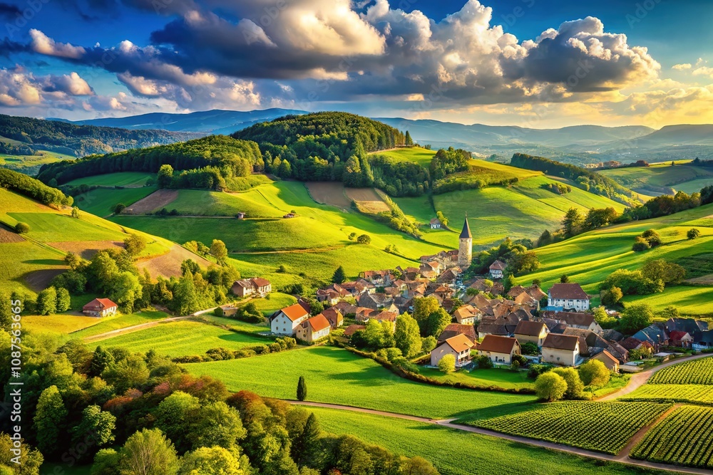 Naklejka premium France's scenic countryside unfolds in a panoramic view from Grandvaux Pontarion, showcasing lush hills and fields.