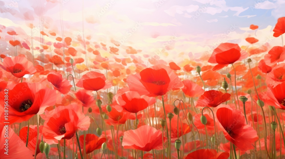 Obraz premium Vibrant Red Poppies Glowing Under the Golden Sunset 