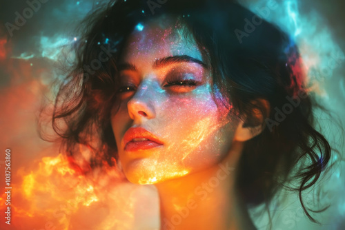 A mesmerizing double exposure portrait where a woman's face blends with a swirling space nebula. Stars and galaxies create an ethereal, mystical connection to the universe photo