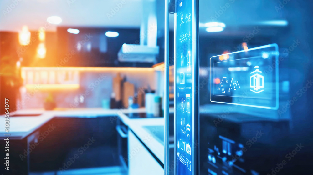 Abstract shot of a high-tech kitchen featuring smart refrigerator and automated lighting effects Abstract shot of a high-tech kitchen featuring smart refrigerator and automated lighting effects