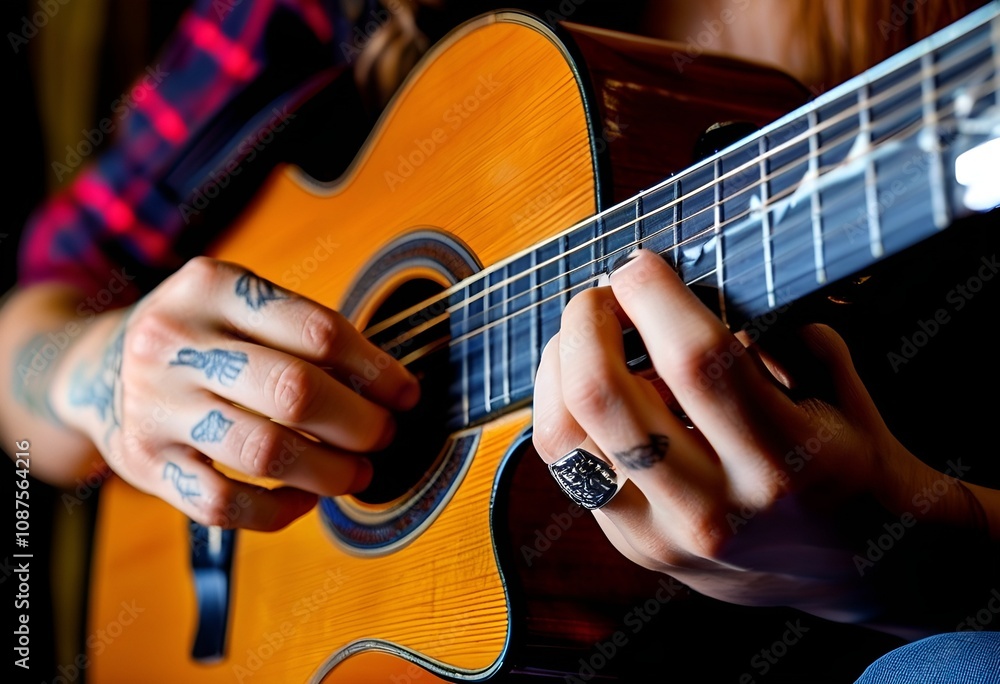 Obraz premium Hands with tattoos on fingers play guitar, close-up