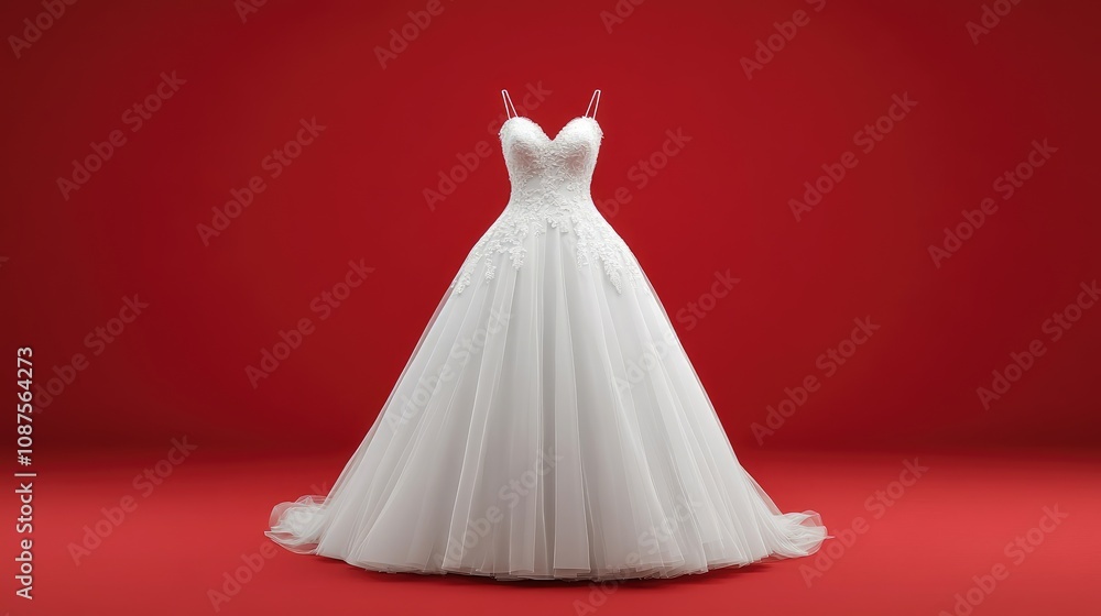 Obraz premium Elegant White Lace Wedding Gown on Red Background