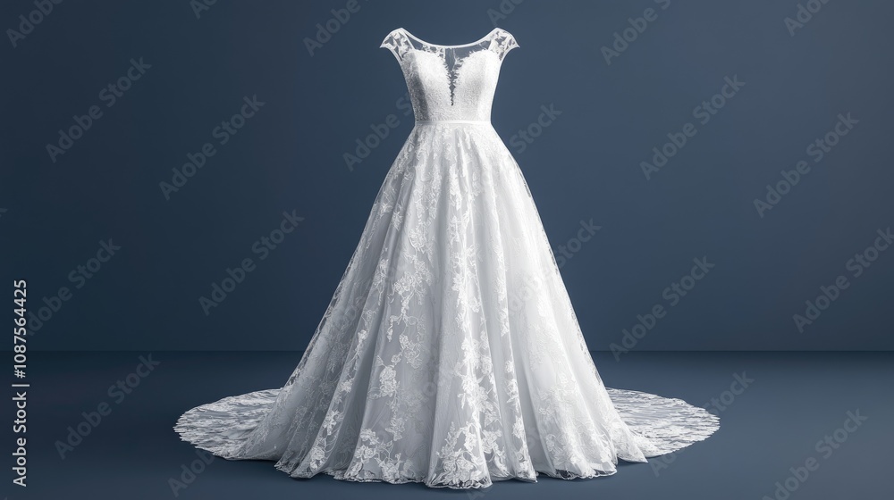 Elegant A-line Lace Wedding Dress on Mannequin Against Dark Blue Background Elegant A-line Lace Wedding Dress on Mannequin Against Dark Blue Background