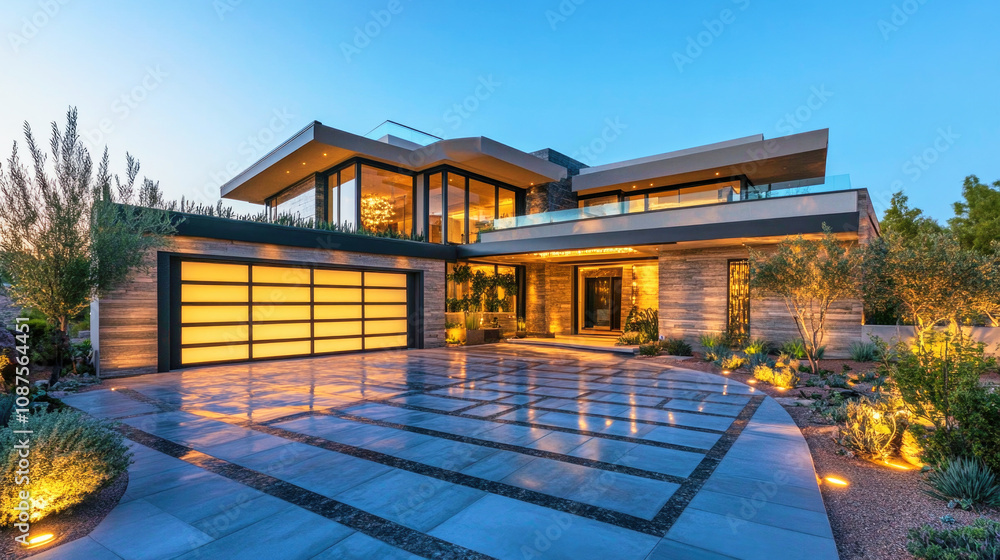 Blurred view of a luxury smart home with automated features and illuminated pathways at night Blurred view of a luxury smart home with automated features and illuminated pathways at night