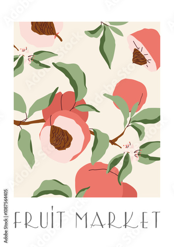 Poster in a abstract draw design. Fruit Market retro poster with peach fruits branch and leaves. Modern interior decoration.