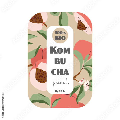 Kombucha bottle label with peach illustrations, promoting organic product, vibrant and fresh design concept