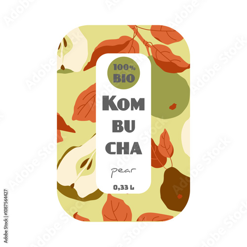 Kombucha bottle label with pear illustrations, promoting organic product, vibrant and fresh design concept