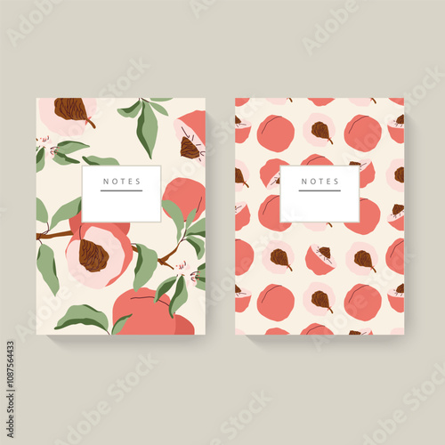 Two illustrated notebooks with peach patterns on a light beige background. Minimalist design with a white header for text. Concept of stationery