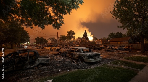 A suburban street after a wildfire, with burned-out cars and houses, under a smoky orange sky.