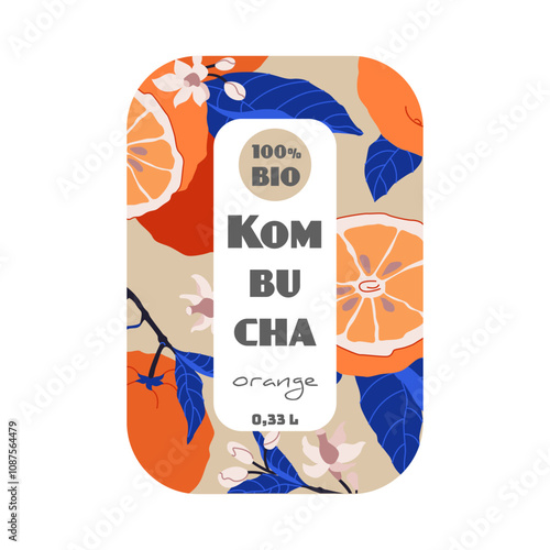 Kombucha bottle label with orange illustrations, promoting organic product, vibrant and fresh design concept