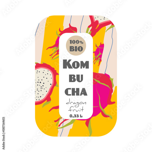 Kombucha bottle label with dragon fruit illustrations, promoting organic product, vibrant and fresh design concept