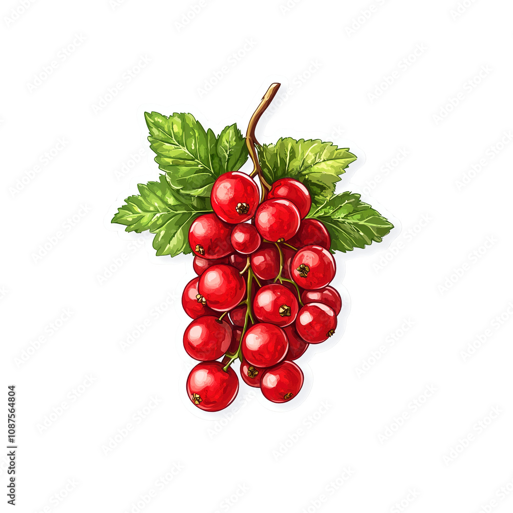 Vibrant Red Currants Branch with Lush Green Leaves - Detailed Illustration Vibrant Red Currants Branch with Lush Green Leaves - Detailed Illustration