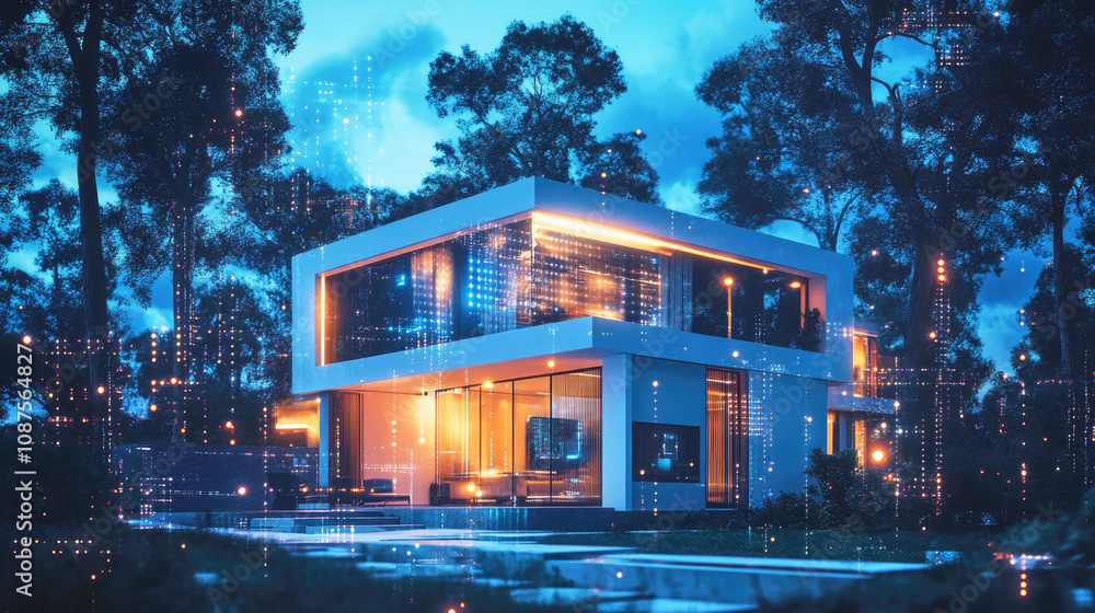 Futuristic smart home exterior illuminated at night with glowing windows and surrounding trees Futuristic smart home exterior illuminated at night with glowing windows and surrounding trees