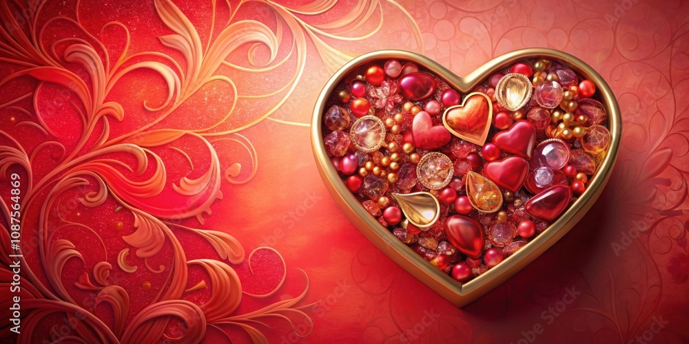 Fototapeta premium A Golden Heart Filled with Red and Gold Ornaments Resting on a Red Glittery Background with Decorative Swirls