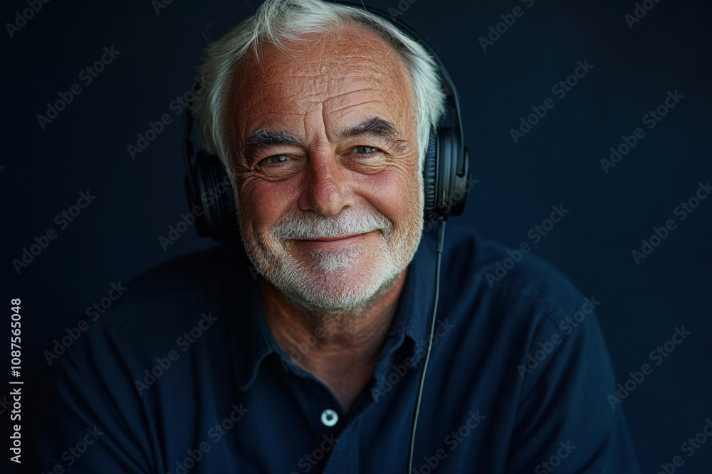 Cheerful portrait of a smiling grandpa with headphones, dark background, minimalistic and vibrant, showcasing a love for life Cheerful portrait of a smiling grandpa with headphones, dark background, minimalistic and vibrant, showcasing a love for life