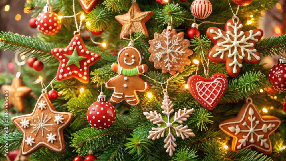 A Christmas tree adorned with gingerbread ornaments, including stars, snowflakes, hearts, and a gingerbread man, with twinkling fairy lights adding a warm glow. A Christmas tree adorned with gingerbread ornaments, including stars, snowflakes, hearts, and a gingerbread man, with twinkling fairy lights adding a warm glow.