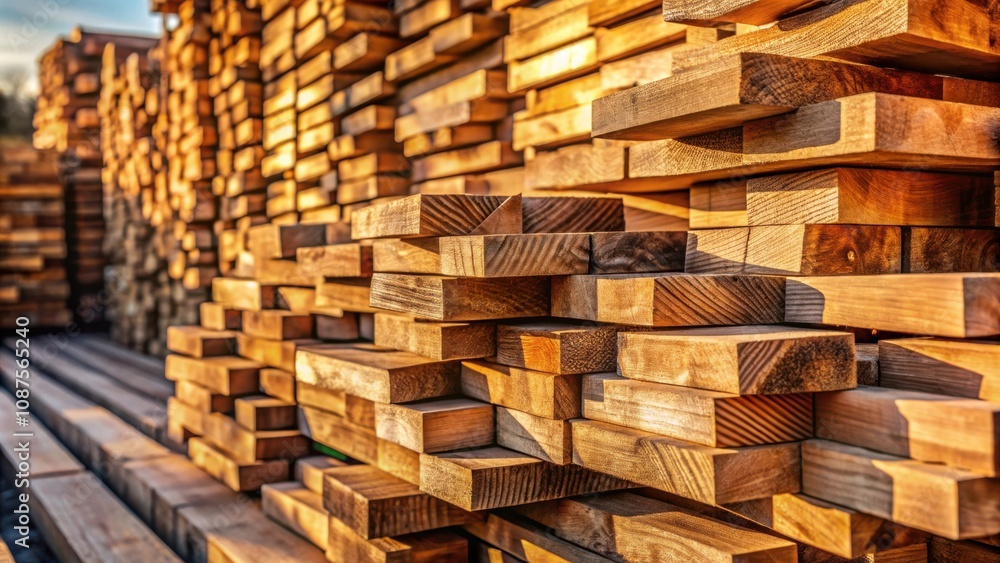 A neatly stacked pile of wooden planks, bathed in warm sunlight, showcasing the natural beauty of the wood and the craftsmanship of the lumberyard. A neatly stacked pile of wooden planks, bathed in warm sunlight, showcasing the natural beauty of the wood and the craftsmanship of the lumberyard.