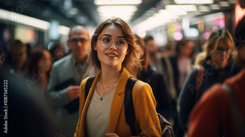 Beautiful girl wearing orange yellow blazer with glasses standing and smiling in a busy crowd