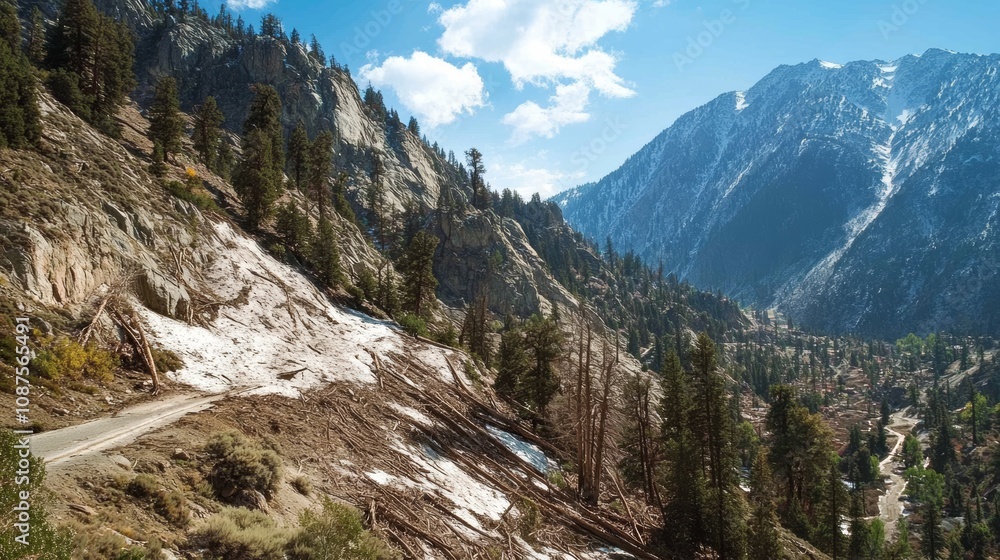 A winding mountain road cuts through a steep, snow-covered slope, with towering trees lining the sides of the road. A winding mountain road cuts through a steep, snow-covered slope, with towering trees lining the sides of the road.