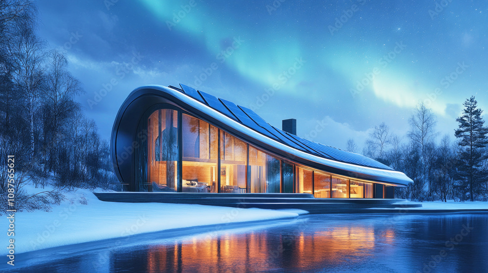 Modern smart home with solar panels by a frozen lake under northern lights in winter scenery Modern smart home with solar panels by a frozen lake under northern lights in winter scenery