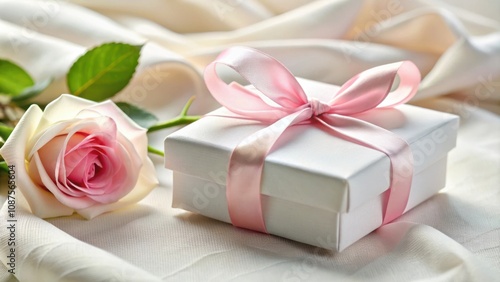 A delicate pink rose and a white gift box tied with a satin ribbon, a symbol of love and celebration