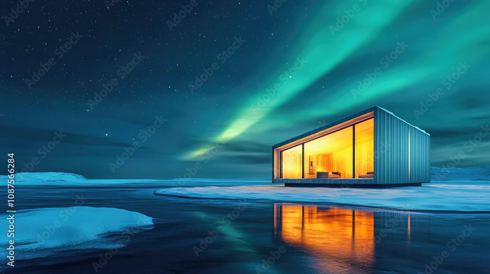 Dreamlike smart home on a frozen ocean shore under the aurora borealis at night Dreamlike smart home on a frozen ocean shore under the aurora borealis at night