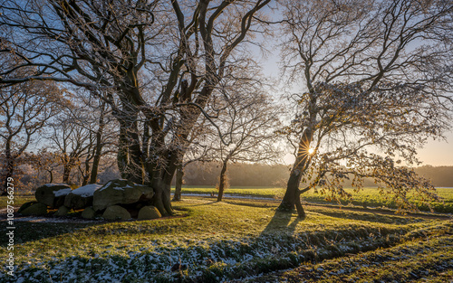 Winter landscape with dolmen in the Dutch province of Drenthe.