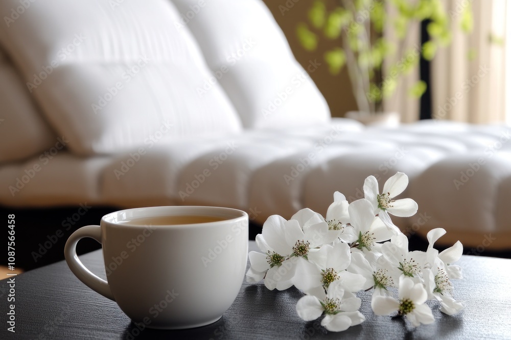 A cozy setting with a cup of tea and delicate white flowers on a table. A cozy setting with a cup of tea and delicate white flowers on a table.