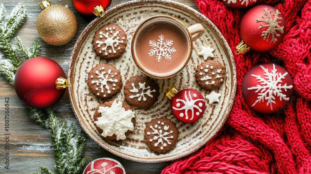 Warm hot chocolate and holiday cookies on a rustic table with festive decorations in winter Warm hot chocolate and holiday cookies on a rustic table with festive decorations in winter