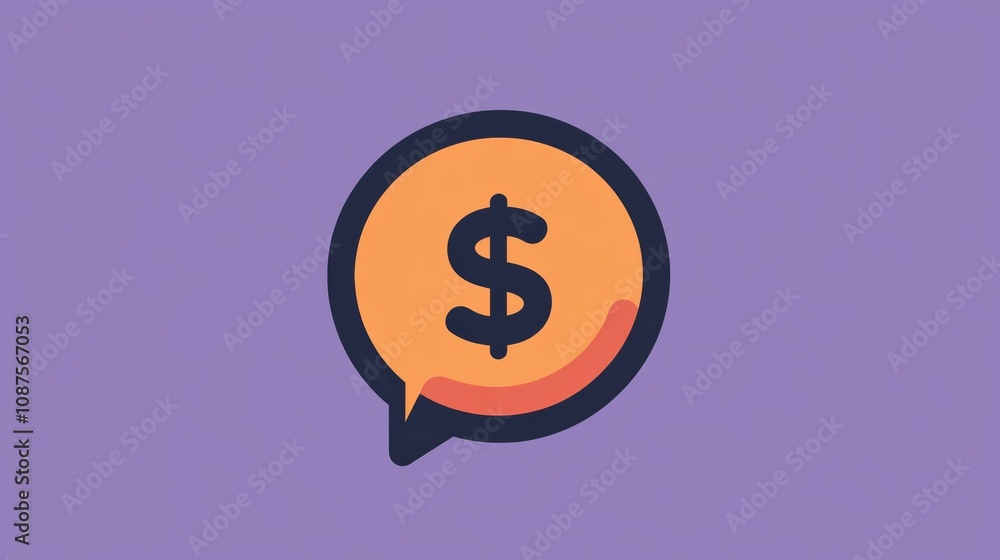An orange speech bubble with a black dollar sign on a purple background. An orange speech bubble with a black dollar sign on a purple background.