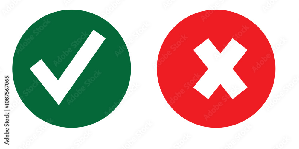 Check mark icon button set. Check box icon with right and wrong buttons and yes or no checkmark icons in green tick box and red cross. Isolated checkmark symbol, right and wrong sign concept. Check mark icon button set. Check box icon with right and wrong buttons and yes or no checkmark icons in green tick box and red cross. Isolated checkmark symbol, right and wrong sign concept.