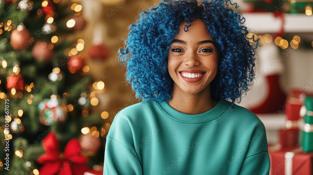 Gorgeous Black woman with blue curly hair smiling near Christmas tree with presents Gorgeous Black woman with blue curly hair smiling near Christmas tree with presents