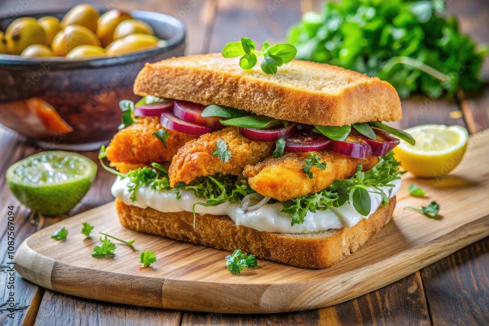 Exquisite Gourmet Fish Finger Sandwich on a Crystal Clear Background Exquisite Gourmet Fish Finger Sandwich on a Crystal Clear Background